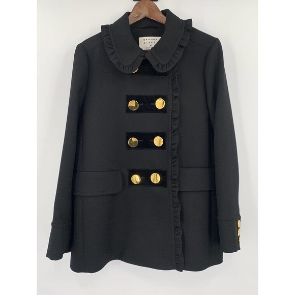 kate spade Jackets & Blazers - Kate Spade Broome St Black Ruffle Velvet Trim Wool Blend Pea Coat Gold Buttons
